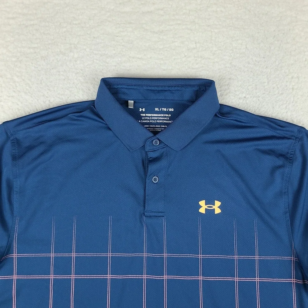 Under Armour Polo Shirt Mens XL Blue Pink The Performance Golf Loose Heatgear